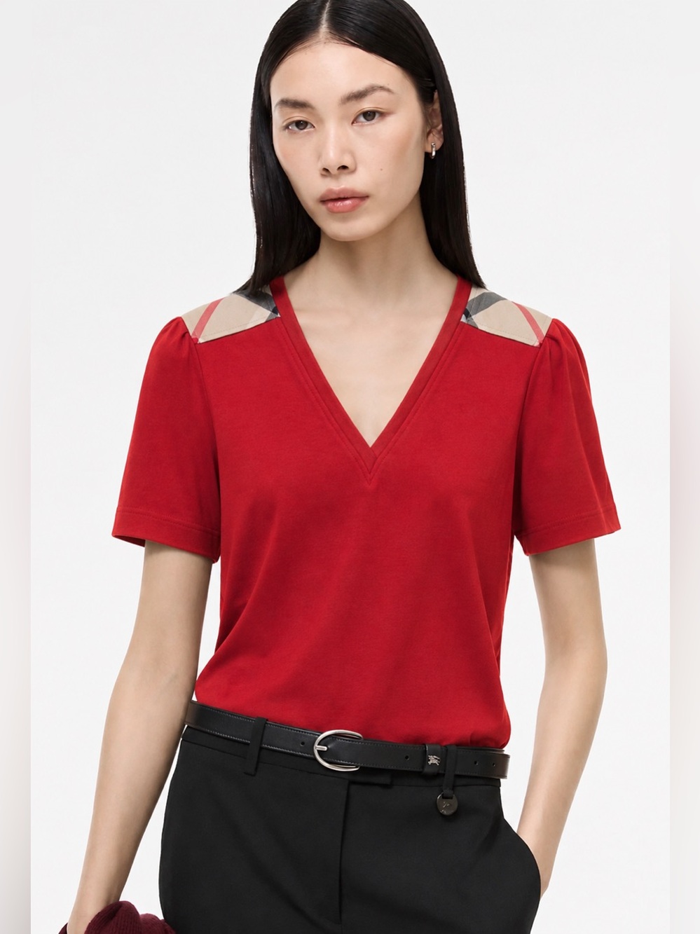 Burberry Red V-Neck Short Sleeve Top with Signature Check Shoulder Panels